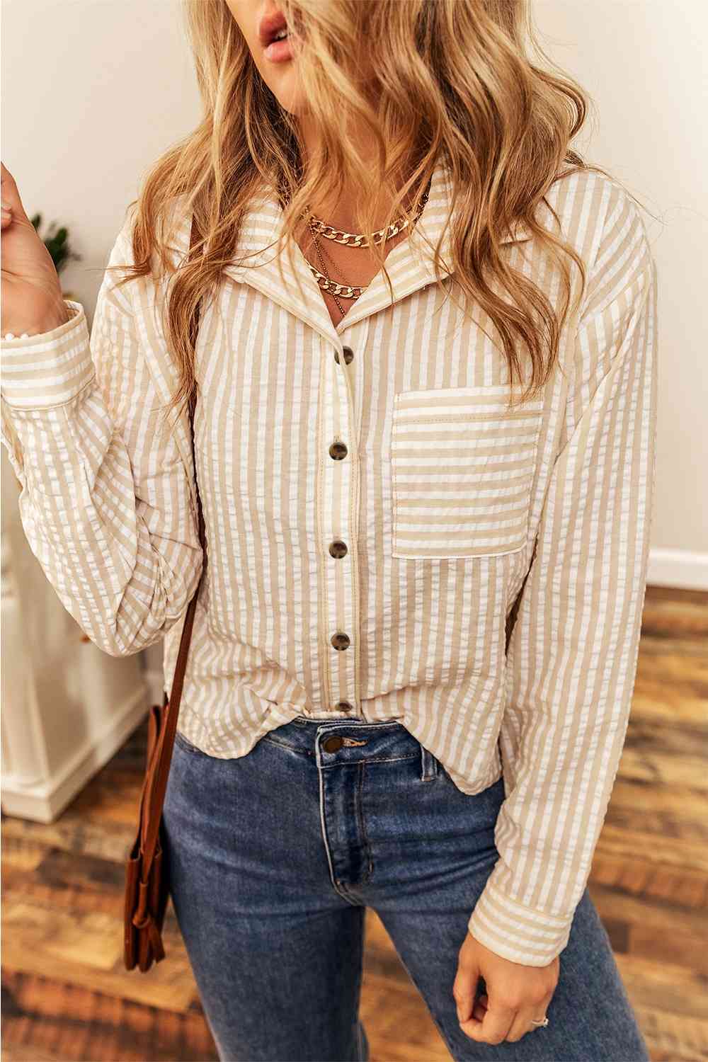 Striped Button-Up Shirt with Breast Pocket myETYN