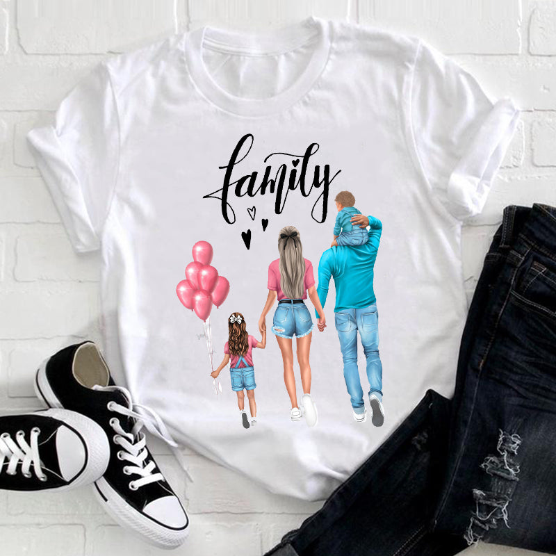 Summer Family of Four Matching White T-Shirt with Parent-Child Print myETYN