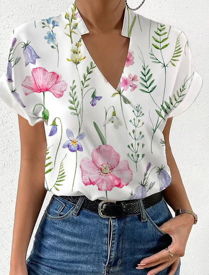 Summer Loose V-neck Stand Collar Printed Shirt myETYN