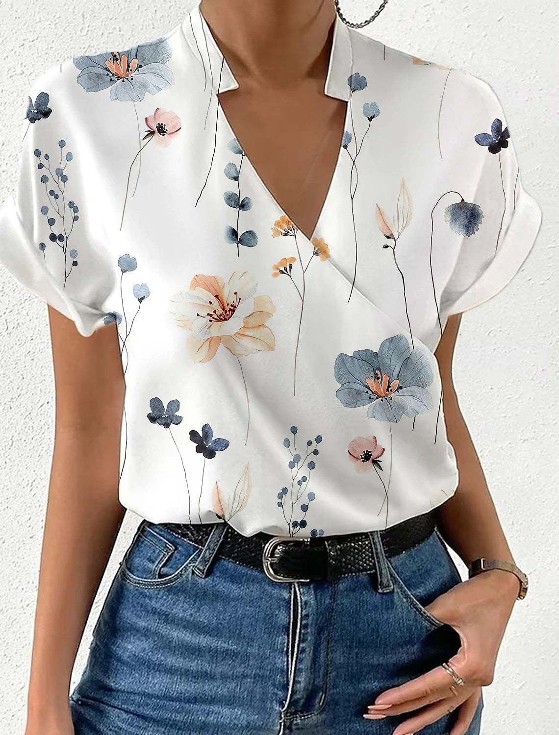 Summer Loose V-neck Stand Collar Printed Shirt myETYN