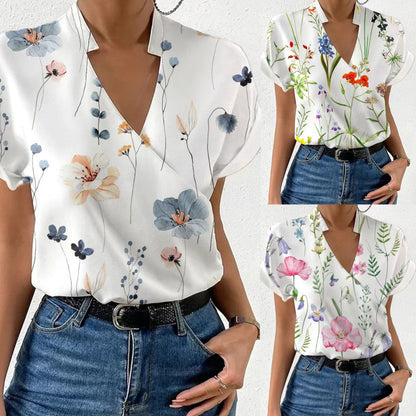 Summer Loose V-neck Stand Collar Printed Shirt myETYN