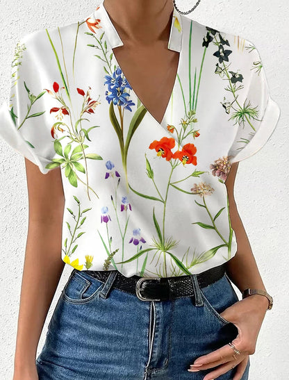 Summer Loose V-neck Stand Collar Printed Shirt myETYN