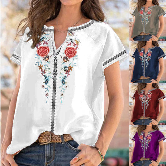 Summer New Ethnic Print Short Sleeve T-shirt Top Women myETYN