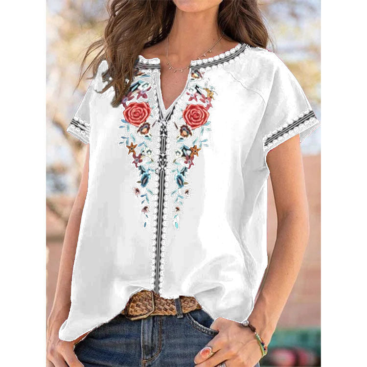 Summer New Ethnic Print Short Sleeve T-shirt Top Women myETYN