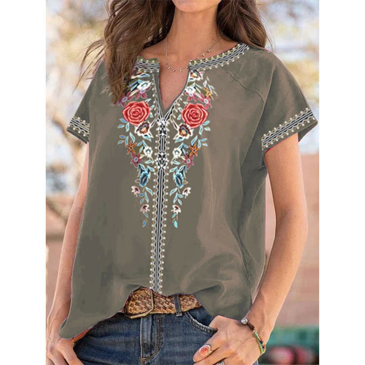 Summer New Ethnic Print Short Sleeve T-shirt Top Women myETYN