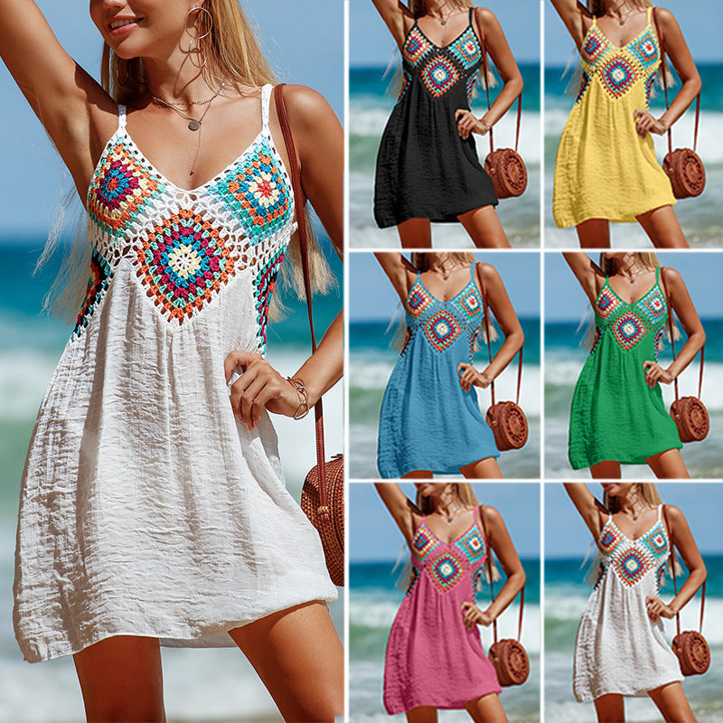 Summer Sleeveless Dress Bohemia Stitching Colorful Pattern V-neck Hollow Beach Dress myETYN