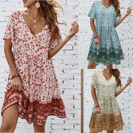 Summer V-neck Short-sleeved Printed Dress For Sleeping myETYN