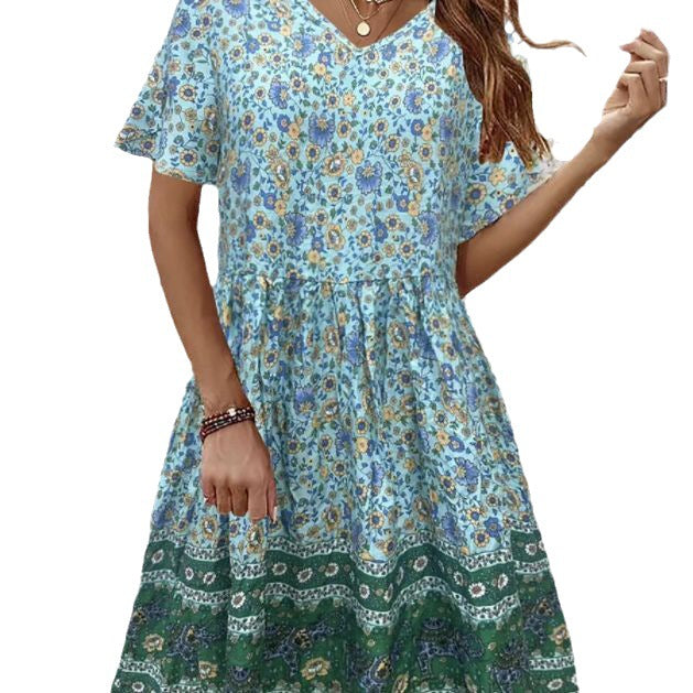 Summer V-neck Short-sleeved Printed Dress For Sleeping myETYN