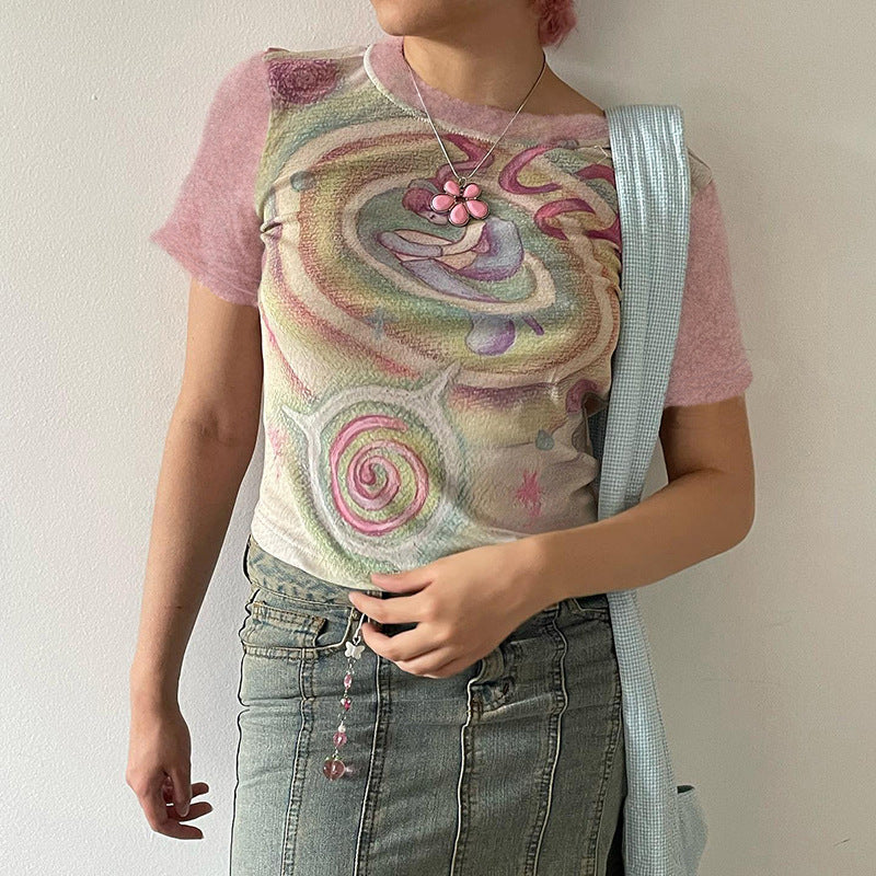 Sweet Girl Pink Dopamine Features Printed Plunge Sleeve T-shirt Summer Round Neck Collar Collision Color Basic Tops myETYN