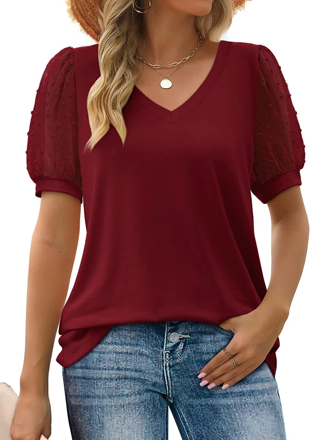 Swiss Dot Puff Sleeve V-Neck Casual T-Shirts for Women myETYN