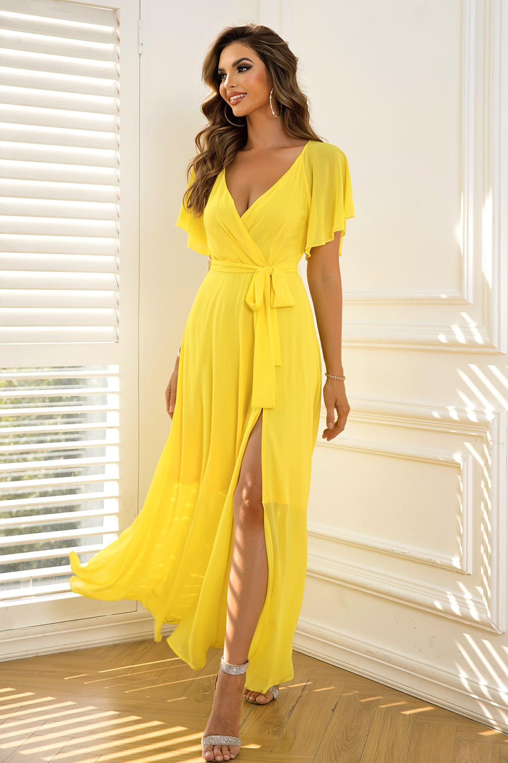 Tie Waist Flutter Sleeve Maxi Dress myETYN