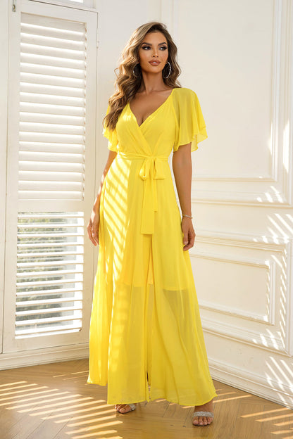 Tie Waist Flutter Sleeve Maxi Dress myETYN