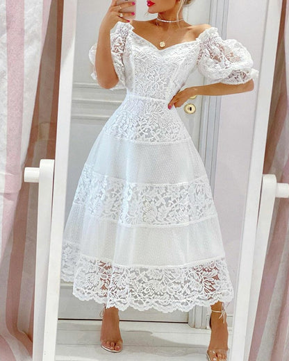 V Neck Lace Stitching Large Hem Long Skirt Puff Sleeve Temperament Dress myETYN