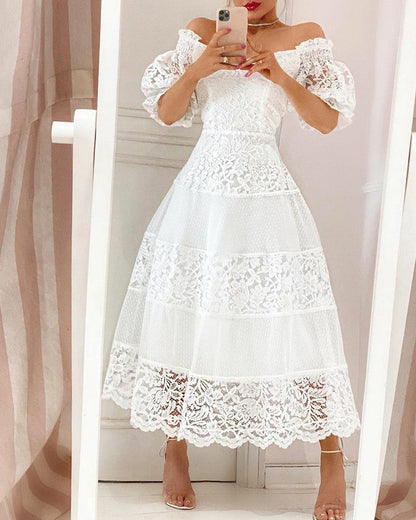 V Neck Lace Stitching Large Hem Long Skirt Puff Sleeve Temperament Dress myETYN