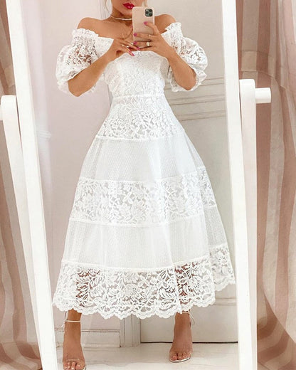 V Neck Lace Stitching Large Hem Long Skirt Puff Sleeve Temperament Dress myETYN