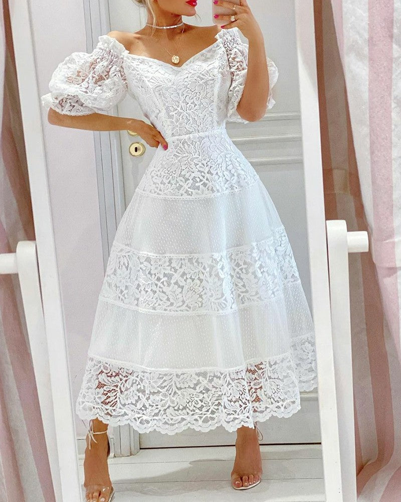 V Neck Lace Stitching Large Hem Long Skirt Puff Sleeve Temperament Dress myETYN