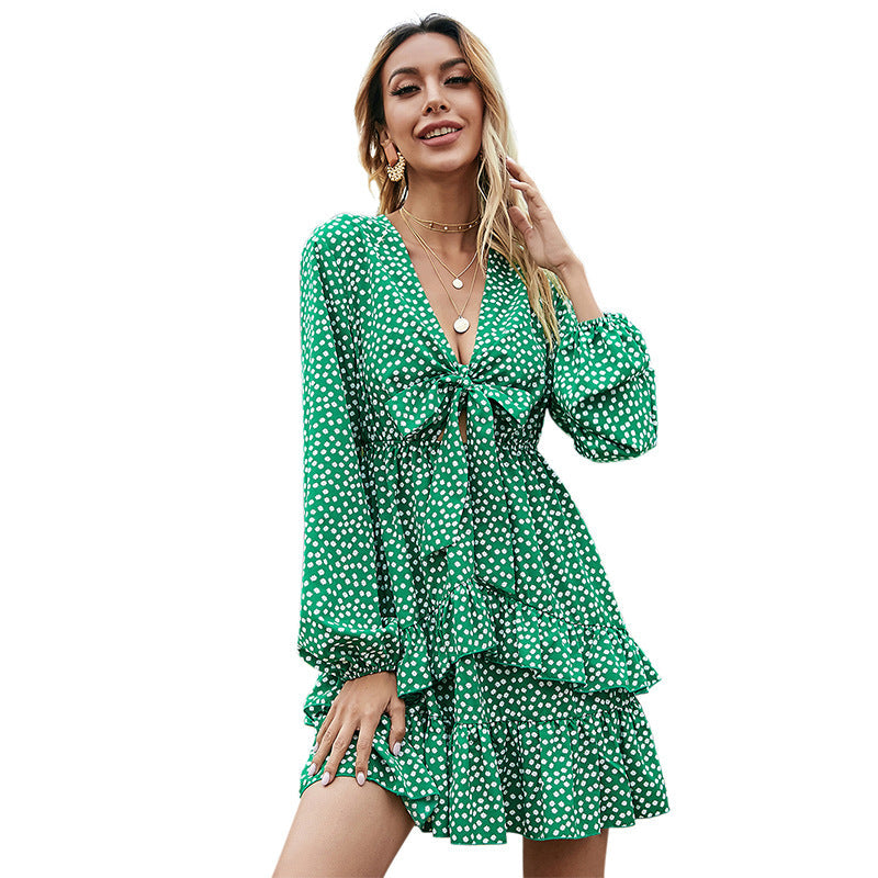 V-neck A-line Skirt High Waist Green Polka Dot Dress Women myETYN