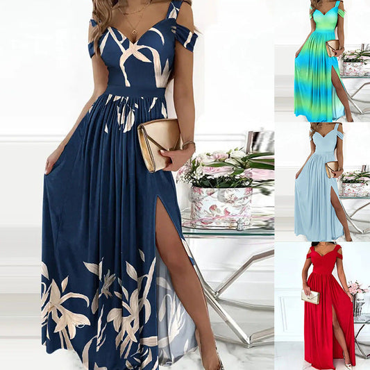 V-neck Boho Spaghetti Strap Dress Women Split Long Flowy Dresses For Party Beach myETYN