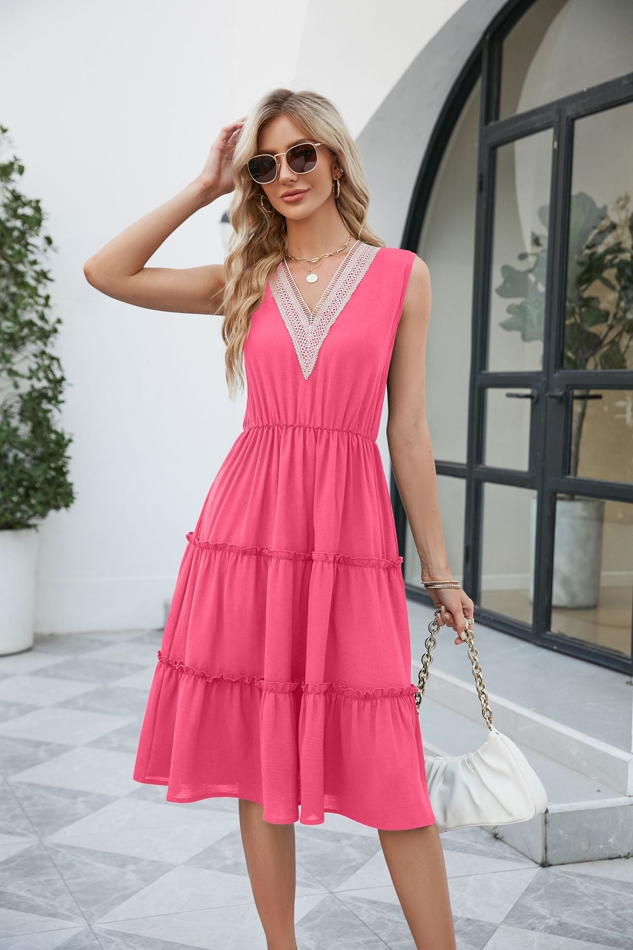 V-neck Dresses Women Sleeveless Pleated Ruffle Elegant Dress Beach Summer myETYN