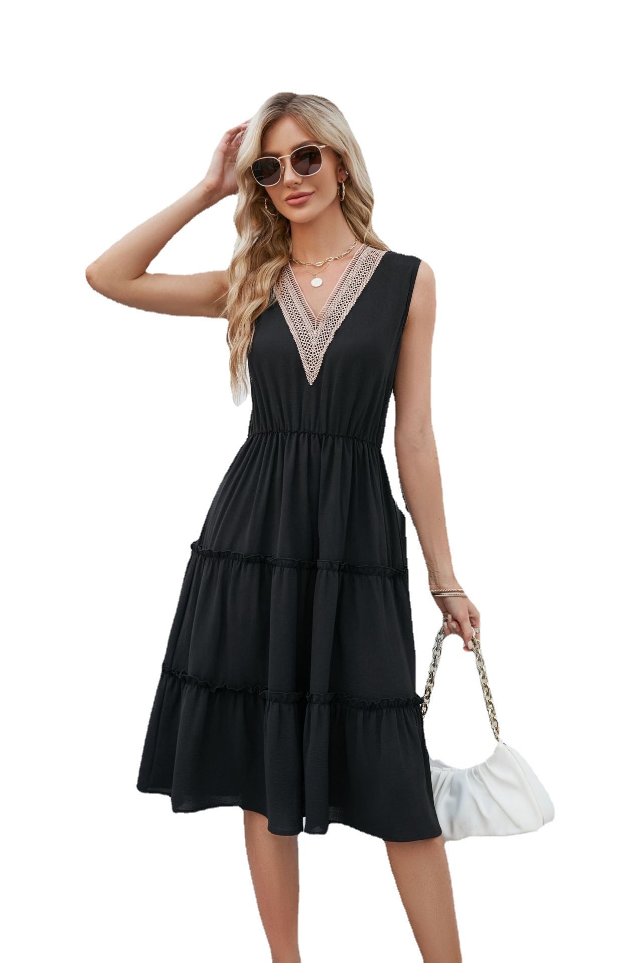 V-neck Dresses Women Sleeveless Pleated Ruffle Elegant Dress Beach Summer myETYN