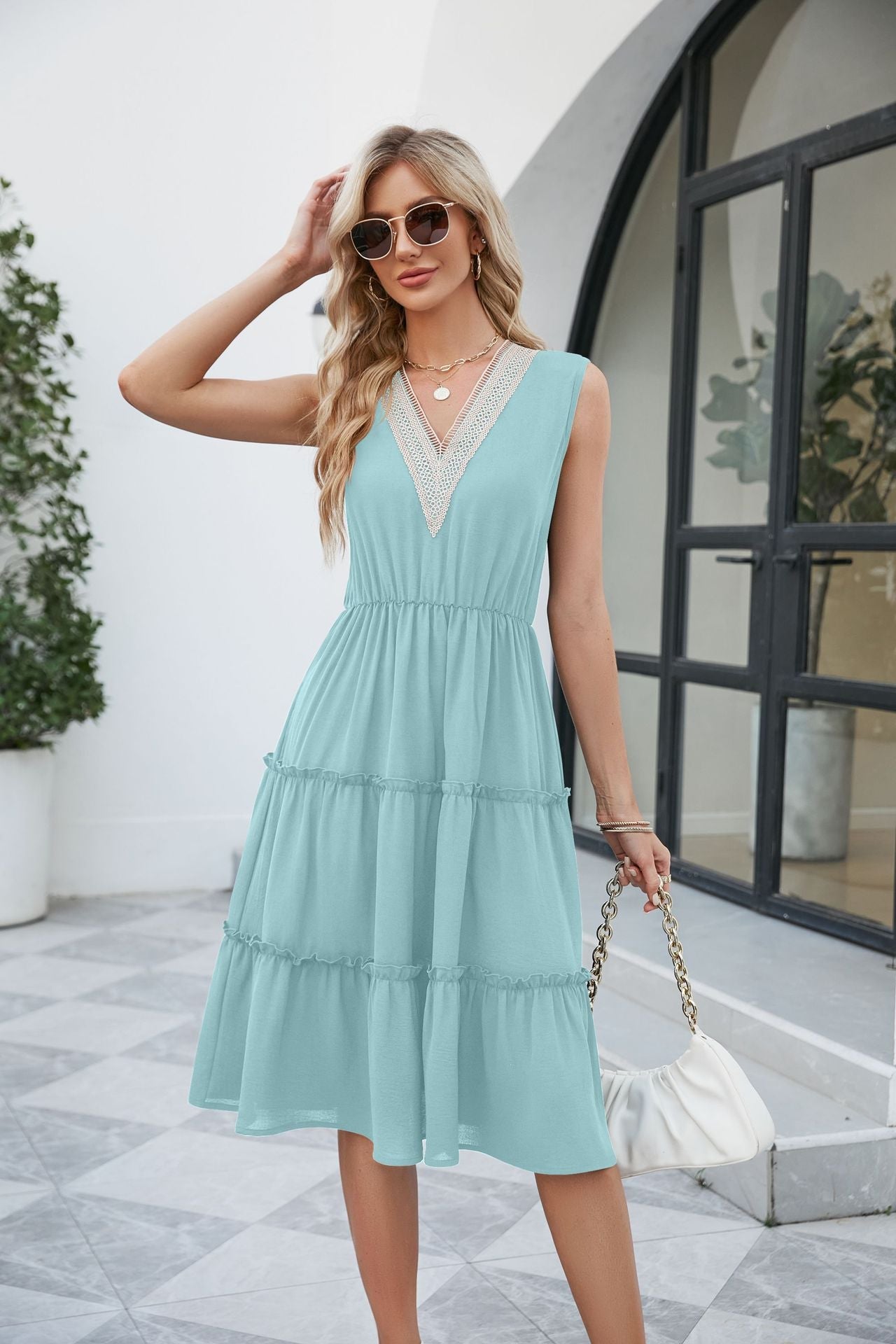 V-neck Dresses Women Sleeveless Pleated Ruffle Elegant Dress Beach Summer myETYN