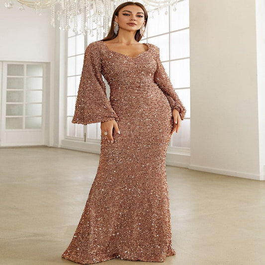 V-neck Hip Sequined Mid-waist Flared Sleeve Dress myETYN