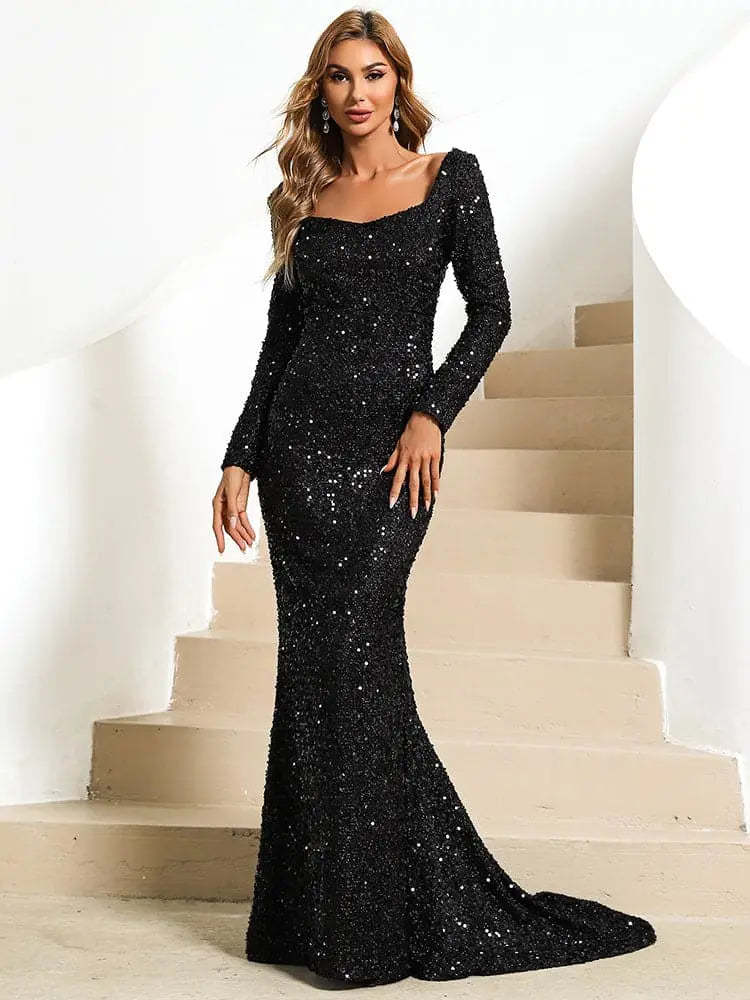 V-neck Hip Sequined Mid-waist Flared Sleeve Dress myETYN