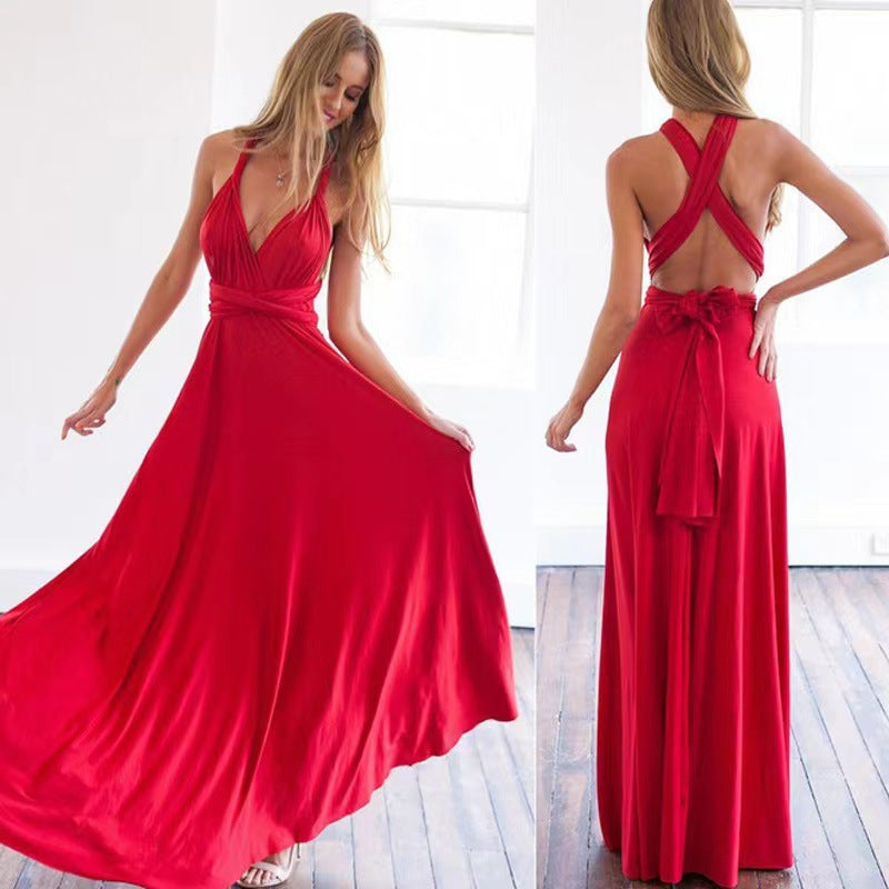 V-neck Long Dress Women Cross Strap Beauty Back Design Party Dresses myETYN