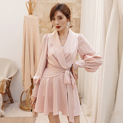 V-neck Long Sleeve Waist-controlled Long Sleeves Dress myETYN