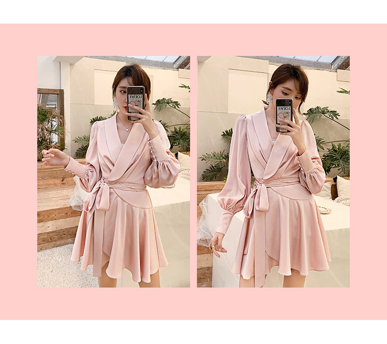 V-neck Long Sleeve Waist-controlled Long Sleeves Dress myETYN