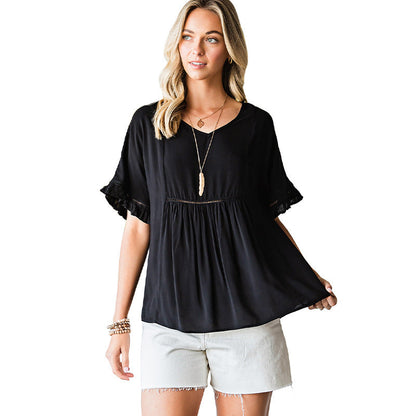 V-neck Ribbon Ruffle Top Women's Short-sleeved Pullover myETYN