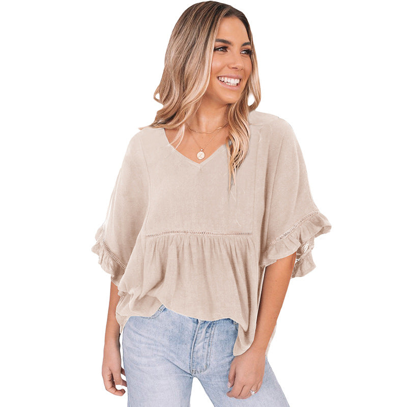 V-neck Ribbon Ruffle Top Women's Short-sleeved Pullover myETYN