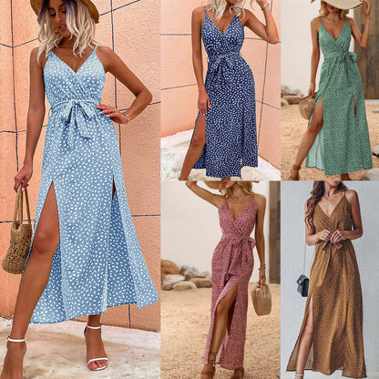 V-neck Suspender Floral Lace-up Dress Women's Long Skirt Beach Dress myETYN