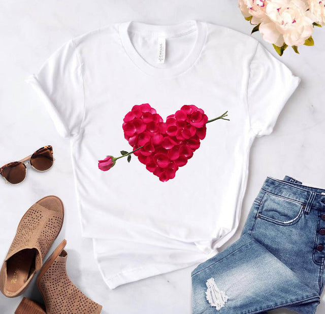 Valentine'S Day T-Shirt Short Sleeve Flowers Love Ms. Lovers Suit Girlfriends Plus Size Loose Short Sleeve myETYN