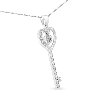 .925 Sterling Silver 1/5 Cttw Round - Cut Diamond Double Heart & Key 18" Pendant Necklace (I - J Color, I3 Clarity) - myetyn