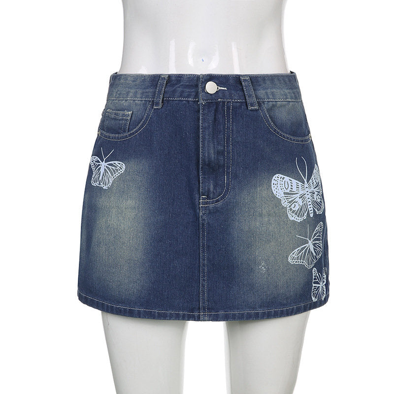 Vintage Butterfly Print Denim Mini Skirt myETYN