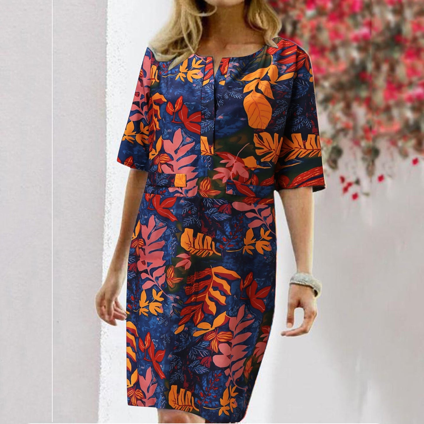 Vintage Dress Women Summer Floral Leaf Print Slit Round Neck Half Sleeve Dresses myETYN