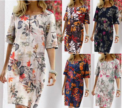 Vintage Dress Women Summer Floral Leaf Print Slit Round Neck Half Sleeve Dresses myETYN