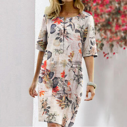 Vintage Dress Women Summer Floral Leaf Print Slit Round Neck Half Sleeve Dresses myETYN