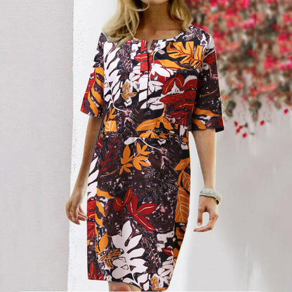 Vintage Dress Women Summer Floral Leaf Print Slit Round Neck Half Sleeve Dresses myETYN