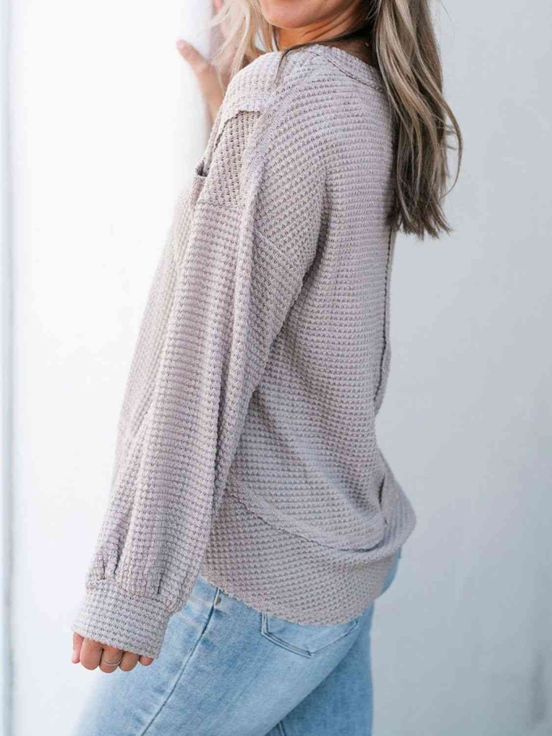 Waffle-Knit V-Neck Blouse with Breast Pocket myETYN