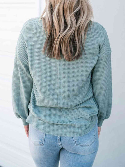 Waffle-Knit V-Neck Blouse with Breast Pocket myETYN