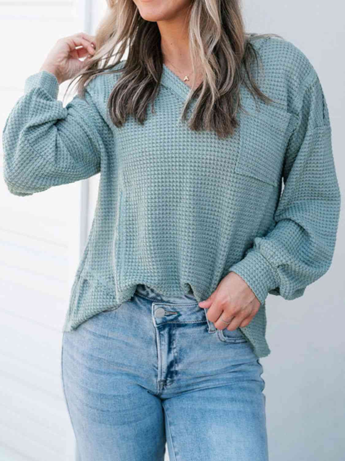 Waffle-Knit V-Neck Blouse with Breast Pocket myETYN