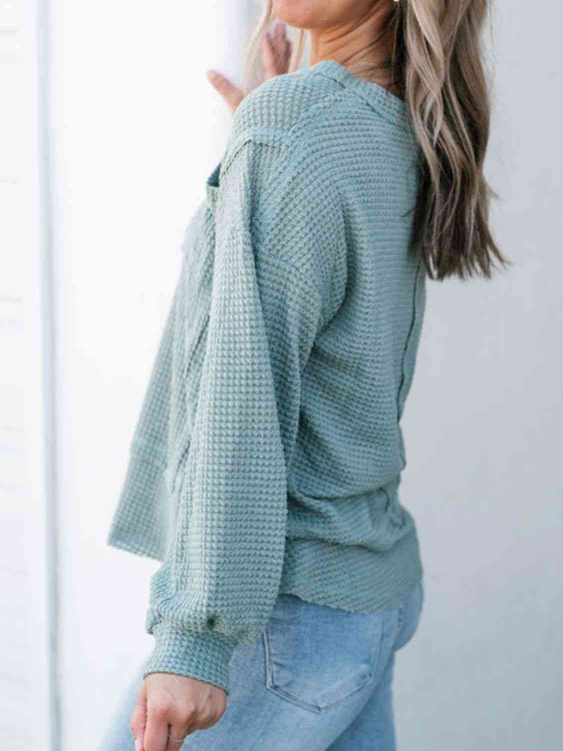 Waffle-Knit V-Neck Blouse with Breast Pocket myETYN