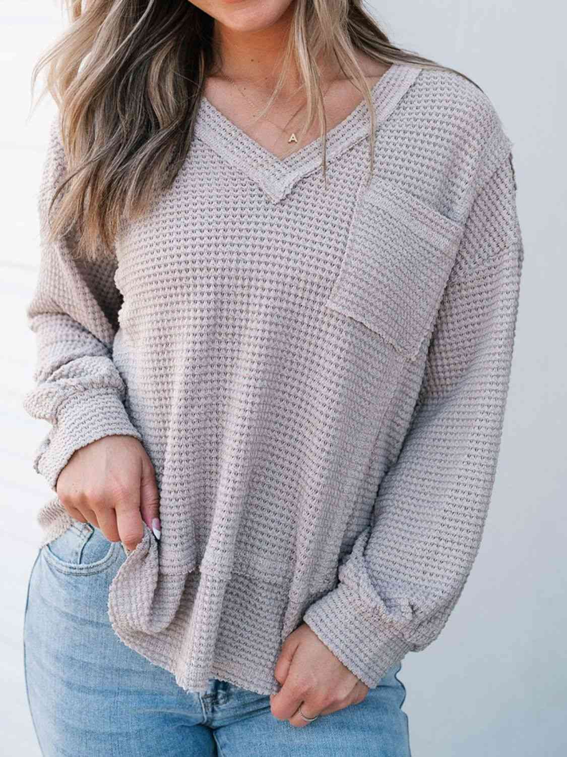 Waffle-Knit V-Neck Blouse with Breast Pocket myETYN