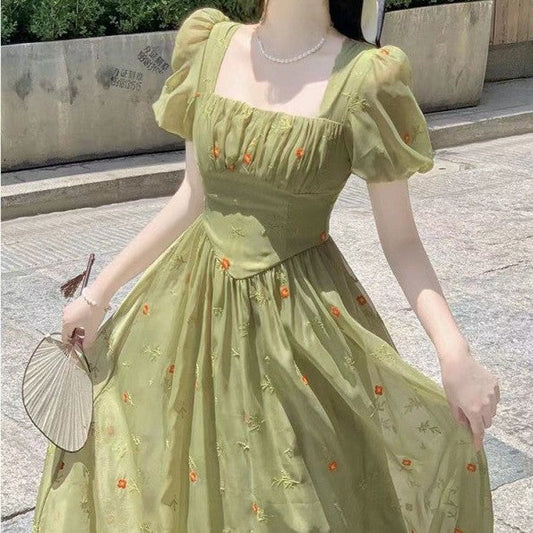 Waist Tightening And Slimming Green Floral Dress For Women myETYN