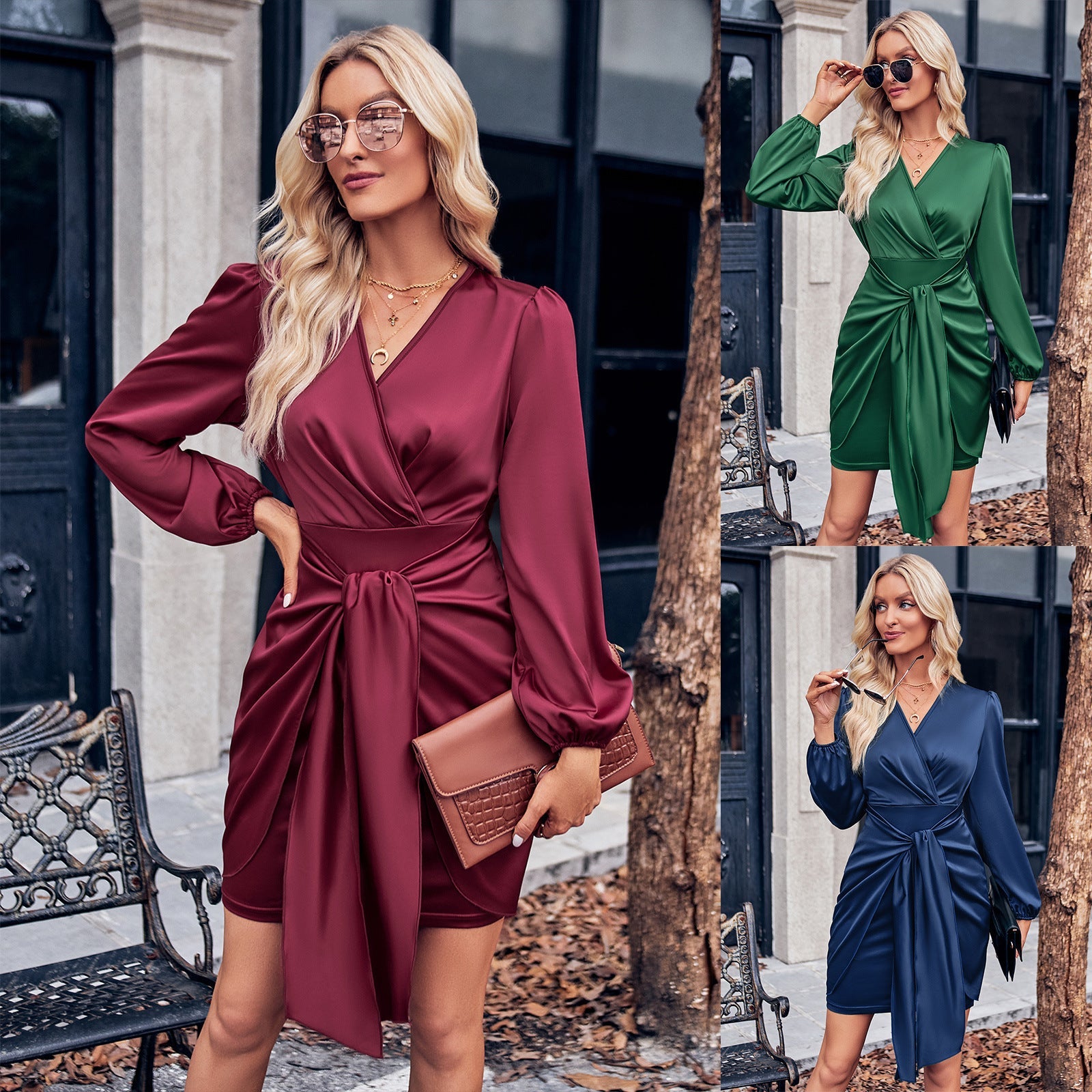 Women's Casual V-neck Solid Color Tie Waist Long Sleeve Dress myETYN