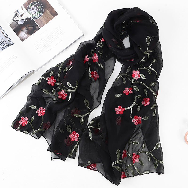 Women's Chiffon Flower Embroidered Silk Scarf Beach Shawl myETYN