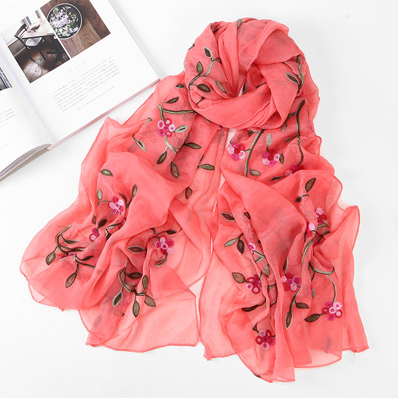 Women's Chiffon Flower Embroidered Silk Scarf Beach Shawl myETYN