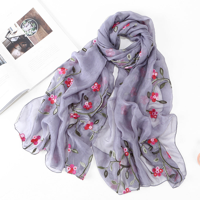 Women's Chiffon Flower Embroidered Silk Scarf Beach Shawl myETYN